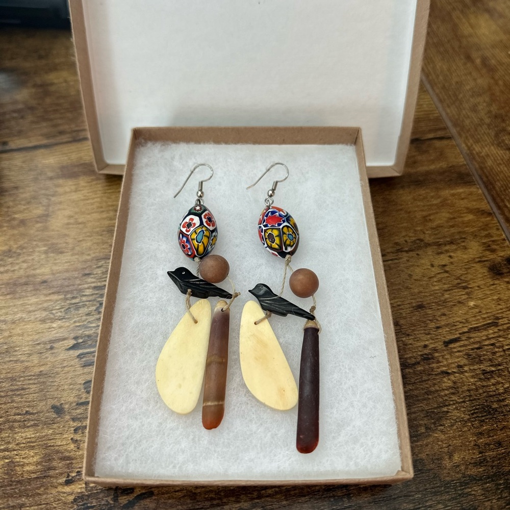 Boho Unique Statement Millefori Glass, Bird Charm, Sea Glass & Stone Earrings